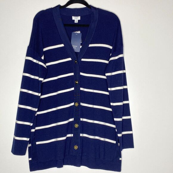 New Crown & Ivy Navy Stripe Cardigan Sweater Women's Size Large - Picture 1 of 9